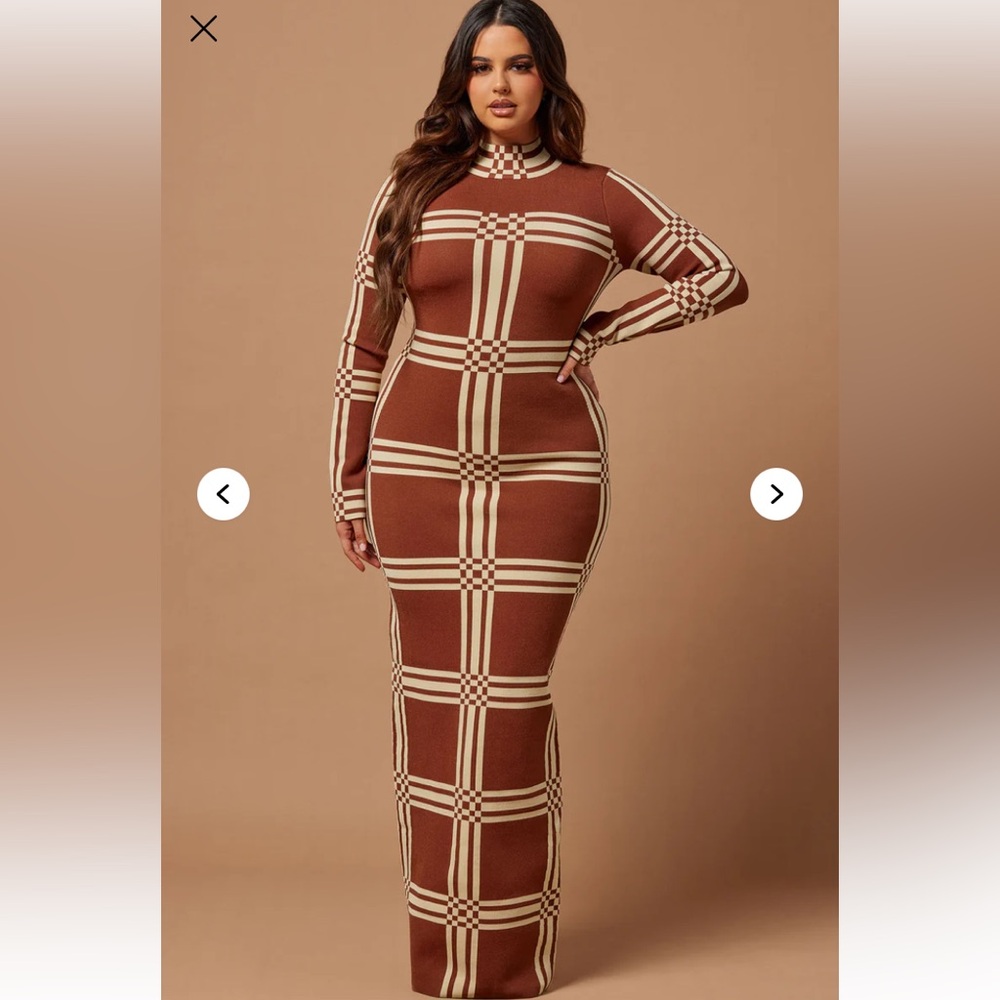 Fashion Nova Cognac and Cream Knit Maxi Dress